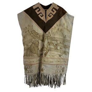 Vintage 70's Hand Painted Leather Fringe Western Native Horse Art Suede Poncho